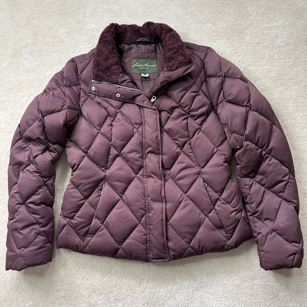 Eddie Bauer Goose Down Jacket Womens Large Quilted Puffer EB650 Faux Fur Collar